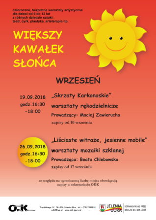 „Liściaste  witraże, jesienne mobile” – bezpłatne warsztaty mozaiki szklanej dla dzieci w wieku 6 – 12 lat @ K. Trzcińskiego 12 sale ODK